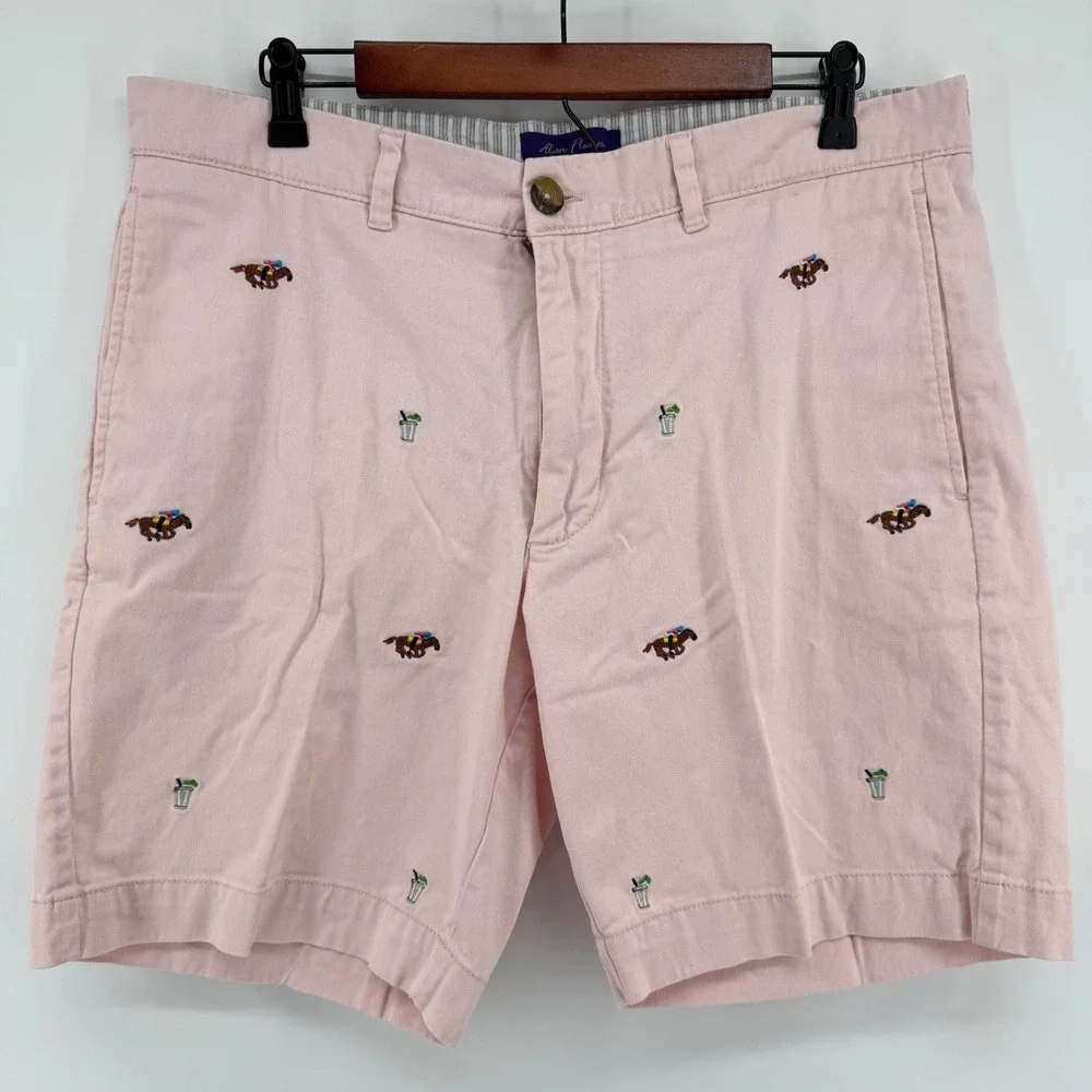 Alan Flusser Chino Shorts Mens 36 Pink Kentucky Derby Jockey Horse Mint Julep